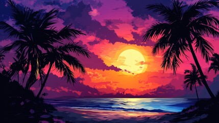 Wall Mural - Stunning tropical sunset over a beach, with palm trees swaying in the breeze and dynamic colors in the sky, ideal for summer themes