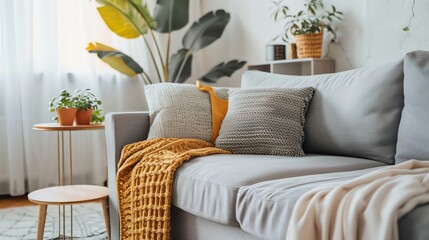 Wall Mural - A gray sofa with pillows and blankets in a living room.