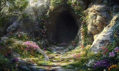 A Stone Path Leading to a Cave Entrance Adorned with Flowers