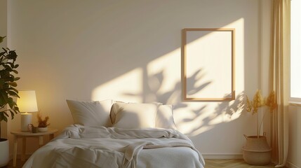 Canvas Print - A minimalist bedroom with a white bed, white walls and a large empty frame.