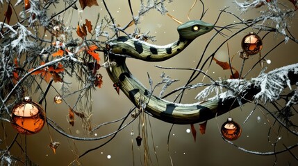 Illustration for a greeting or postcard for the new year 2025 of the female green wood snake