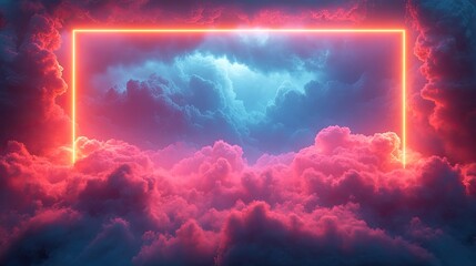 neon frame with clouds against a blue sky in pink neon lights 