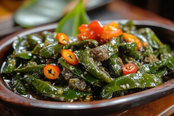 West Sumatera s delicious food Dendeng Lado Hijau Jerky Green Chilies