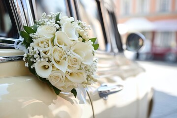 Poster - White flower bouquet used to decorate wedding car