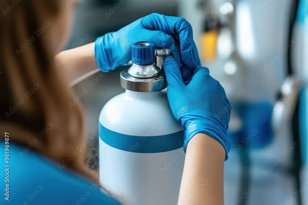 Woman s hand attaching rubber tube to portable oxygen cylinder for ...