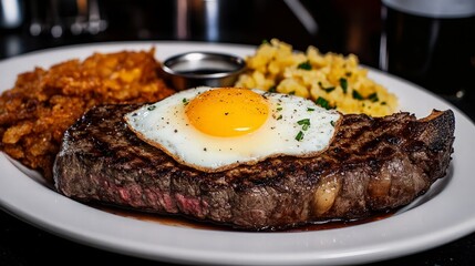 Wall Mural - Grilled Steak with Fried Egg and Potato Sides