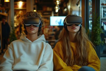 Two young people are seated side by side, each wearing VR headsets, experiencing virtual reality in a cozy, dimly lit environment, suitable for technology, gaming, and futuristic lifestyle themes,