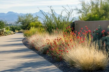 Poster - Xeriscaped roadside in Phoenix Arizona with flowering dwarf Callistemon plants also known as Bottlebrush