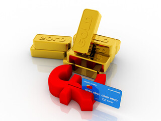 Poster - 3d illustration debit card swiping Pound Currency Symbol near gold brick