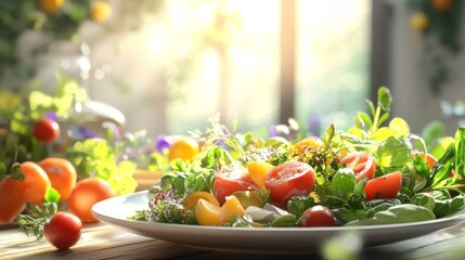 Vibrant salad bowl filled with fresh vegetables, garnished with herbs, illuminated by natural sunlight.