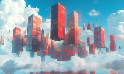 Sticker - Red and Blue Abstract Cityscape Floating in the Clouds