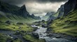 © Sparrowski - Majestic Mountains Landscape with a Flowing Stream Under Stormy Clouds