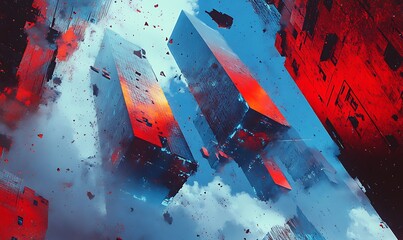 Poster - Abstract Cityscape with Red and Blue Buildings