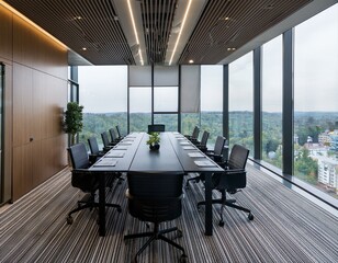 Wall Mural - Modern conference room with a large window and a long table set for a meeting.