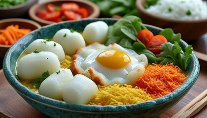 Wall Mural - Rice is a staple food, especially for Southeast Asia, served with a variety of healthy vegetables and eggs.