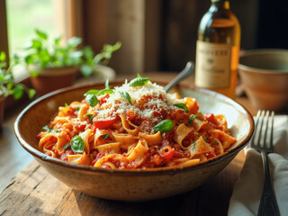 A food photography of delicious Italian pasta,  photo in a cosy home kitchen