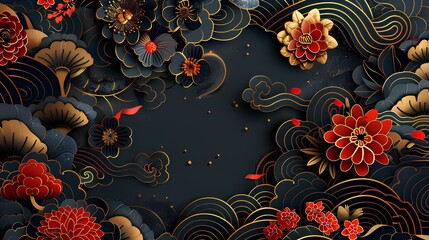 Wall Mural - Japanese patterns with gold elements and flowers