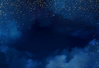 Wall Mural - magic night dark blue frame with sparkling glitter bokeh and light art. square vector wedding card. 