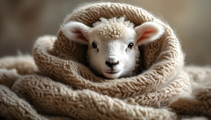 Cozy lamb nestled in a soft blanket against a pastel backdrop radiating warmth and innocence