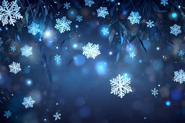 A captivating winter scene with snowflakes gently falling against a deep blue backdrop, evoking a sense of tranquility and the beauty of the holiday season.