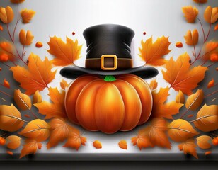 Wall Mural - Holiday background with realistic 3d orange pumpkin in pilgrim hat