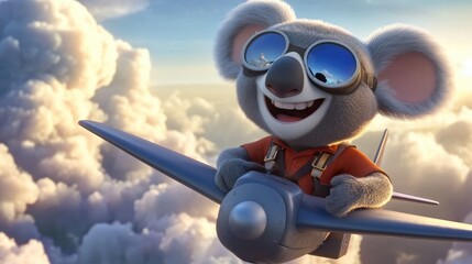 A cartoon koala pilot flying a small airplane through fluffy clouds with a joyful smile, wearing aviator goggles.