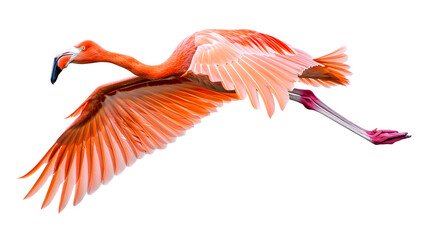 Majestic Flying Pink Flamingo Bird Isolated on White Background