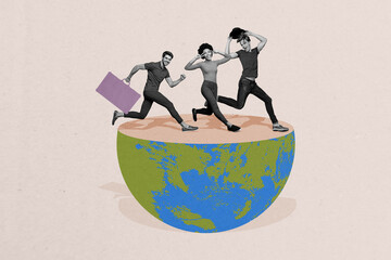 Wall Mural - Creative poster collage of three funny friends running traveler planet earth bizarre unusual fantasy billboard comics