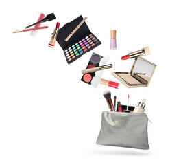 Poster - Different makeup products and silver cosmetic bag in air on white background