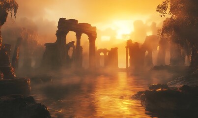 Poster - Sunlit Ruins and Mist at Sunset