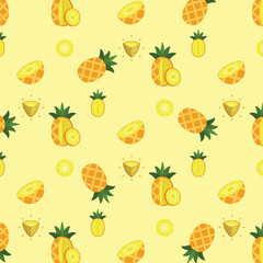 Wall Mural - Pineapple seamless pattern, Farm fresh Ananas product emblem for grocery shop, Slides, long and cross sections, and different positions, simple flat vector illustration of vegetables and fruits.