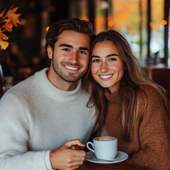 Wall Mural - couple drinking coffee in cafe