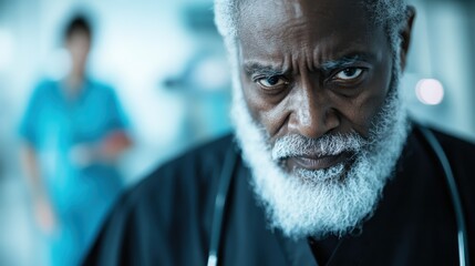 An elderly man with a white beard, wearing medical attire, and with a serious expression on his face. He stands in a hospital hallway, conveying professionalism and dedication.