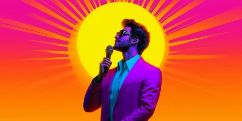 Shining Bright: A charismatic male vocalist takes center stage, bathed in a vibrant sunrise of colors. His dynamic performance radiates energy and optimism, capturing the spirit of a rising star.