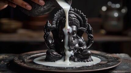 Wall Mural -  Black stone Ganesha statue is pouring white milk on an antique Ganesha Chaturthi is a Hindu festival held to commemorate the birth of Lord Ganesha.