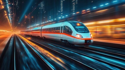 Wall Mural - modern highspeed train zooming through a blurred landscape with sleek design and dramatic lighting emphasizing speed and technology