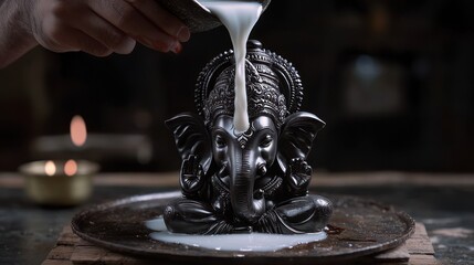 Wall Mural -  Black stone Ganesha statue is pouring white milk on an antique Ganesha Chaturthi is a Hindu festival held to commemorate the birth of Lord Ganesha.