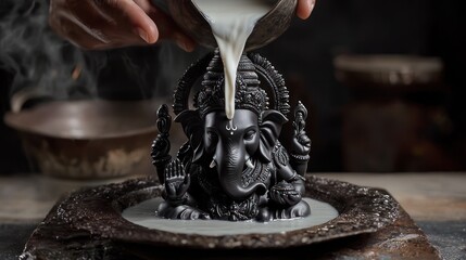 Wall Mural -  Black stone Ganesha statue is pouring white milk on an antique Ganesha Chaturthi is a Hindu festival held to commemorate the birth of Lord Ganesha.