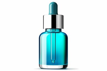 Close-up of a blue glass dropper bottle for beauty serum, essential oil, or skincare product on white background.