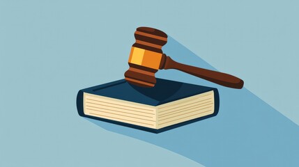 A law book icon with a judge gavel, symbolizing legal education and rulings, in a flat, modern illustration style