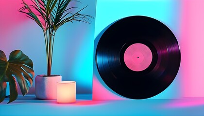 Stylish black vinyl record showcased in a modern minimalist environment with vibrant blue and pink lighting, capturing retro aesthetics