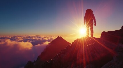 Wall Mural - A hiker standing on a mountain peak, with the sun creating a vibrant lens flare as it rises over the horizon