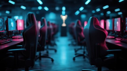 An expansive view of rows of gaming chairs and monitors arranged for a tournament, suggesting a competitive atmosphere, technology, and the organized world of e-sports events.