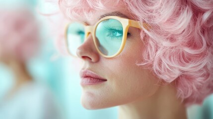 Wall Mural - A close-up shot of a person with curly pink hair, providing an artistic, whimsical and modern feel, amid a softly blurred background exuding creativity and individuality.