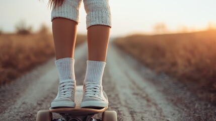 An individual decked out in white sneakers rides a skateboard down a path, channeling a sense of adventure, freedom, and youth against a scenic, outdoor backdrop.