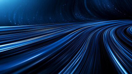 Wall Mural - Shiny blue lines zoom across a dark blue background, creating a sense of speed and futuristic technology.