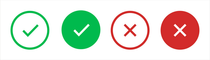 Check mark, tick and cross brush signs, green checkmark OK and red X icons, symbols YES and NO button for vote, decision, election choice, web