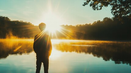 Wall Mural - A silhouette of a person standing by a lake, with the sun setting behind them and a beautiful lens flare effect