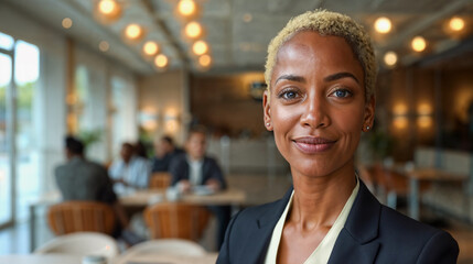 A middle aged African woman standing in a front of busy  room.