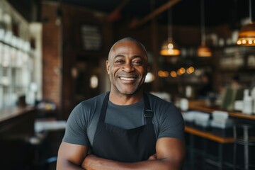 Wall Mural - Portrait of a smiling male middle aged African American bartender